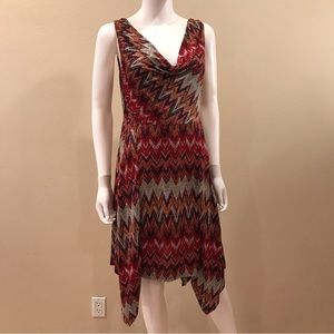 Corey P Sleeveless Dress Size S Fit Flare Orange Reds Earthy Boho Cowl V Neck